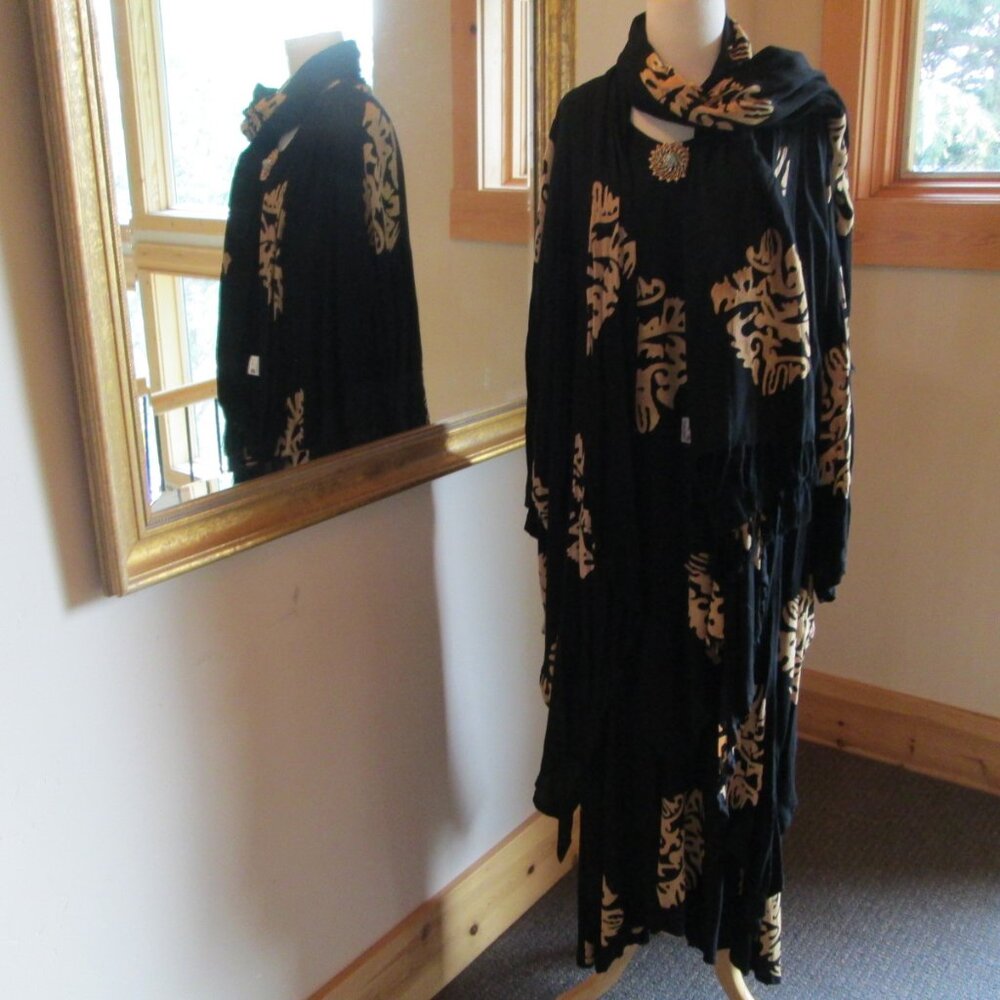 Mission Canyon Black Lapis Dress, Short-Sleeved Jacket & Scarf w/Asian Designs